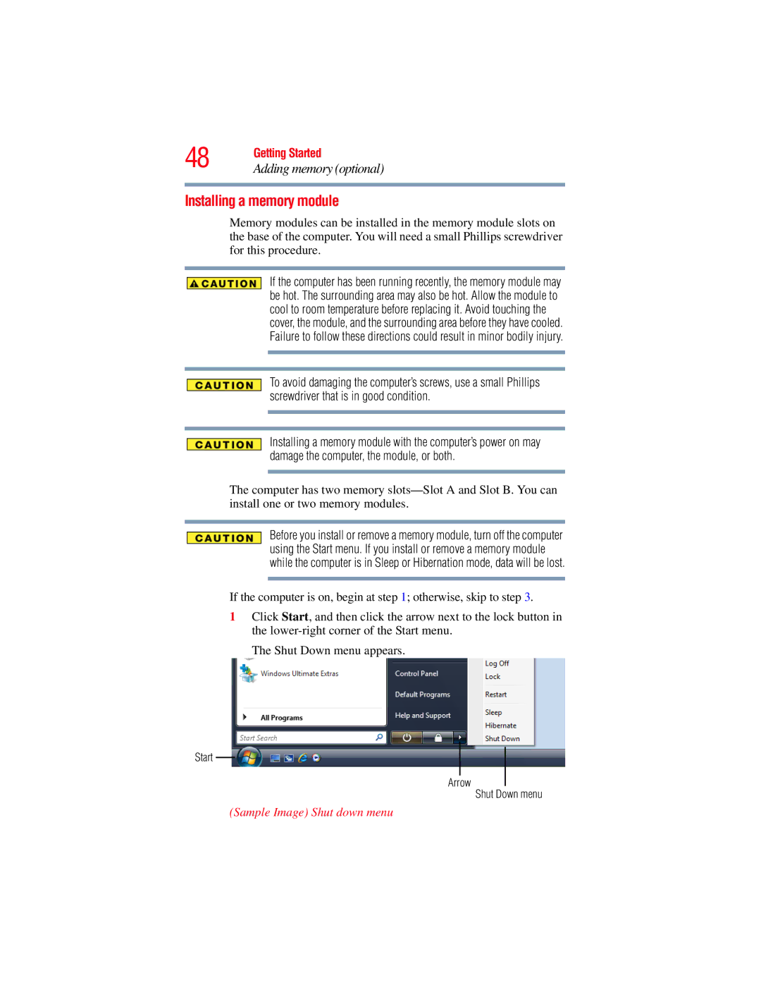 Toshiba A130, A135 manual Installing a memory module, Sample Image Shut down menu 