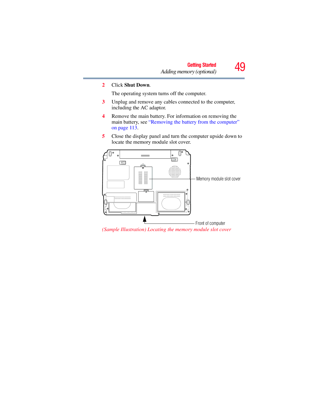 Toshiba A135, A130 manual Click Shut Down, Sample Illustration Locating the memory module slot cover 