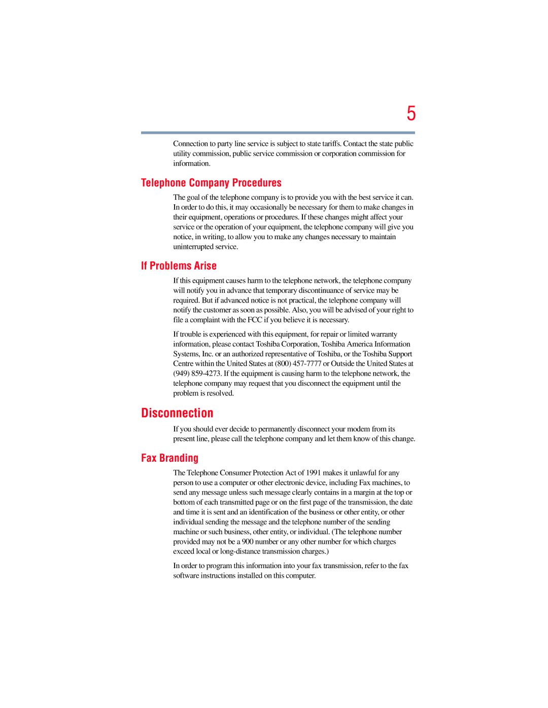 Toshiba A135, A130 manual Disconnection, Telephone Company Procedures, If Problems Arise, Fax Branding 