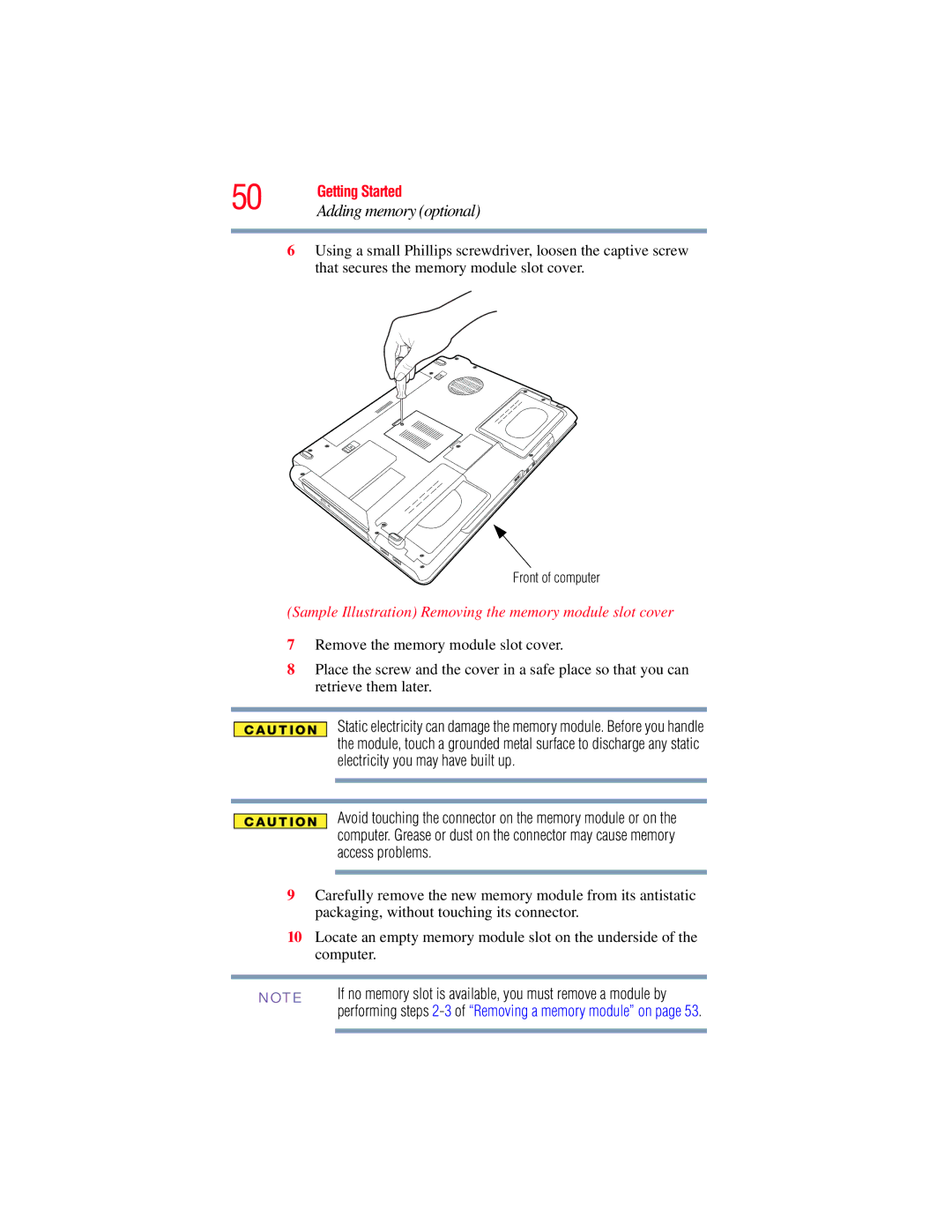 Toshiba A130, A135 manual Sample Illustration Removing the memory module slot cover 