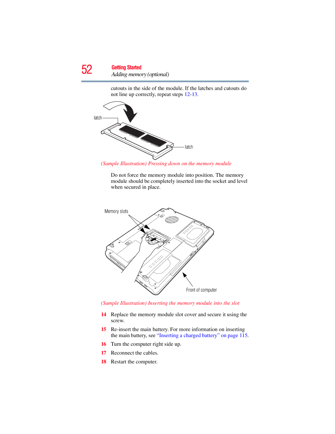 Toshiba A130, A135 manual Sample Illustration Pressing down on the memory module 