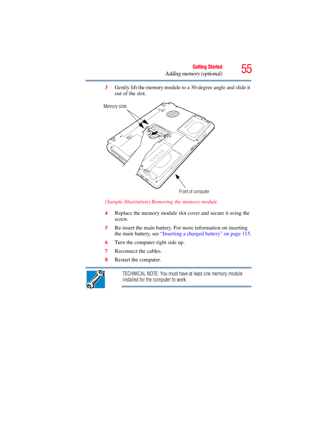 Toshiba A135, A130 manual Sample Illustration Removing the memory module 