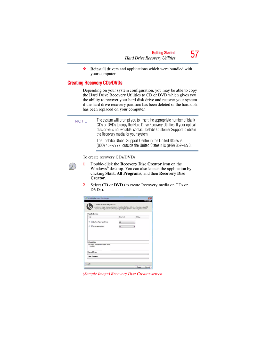 Toshiba A135, A130 Creating Recovery CDs/DVDs, Recovery media for your system, Sample Image Recovery Disc Creator screen 