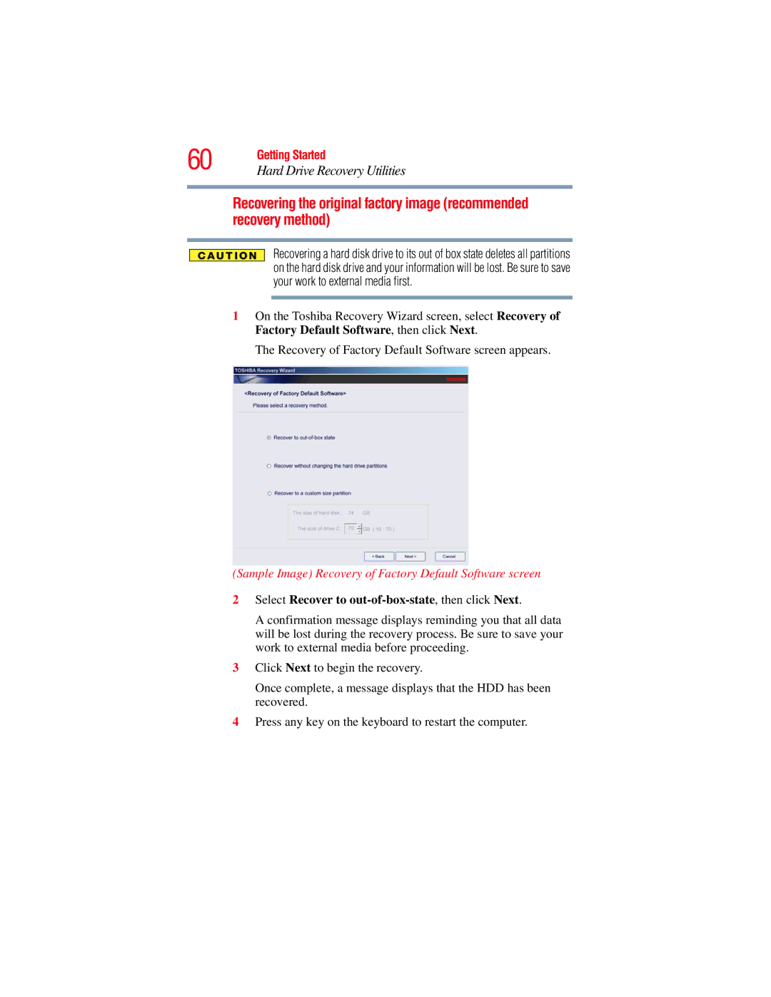 Toshiba A130 Sample Image Recovery of Factory Default Software screen, Select Recover to out-of-box-state, then click Next 