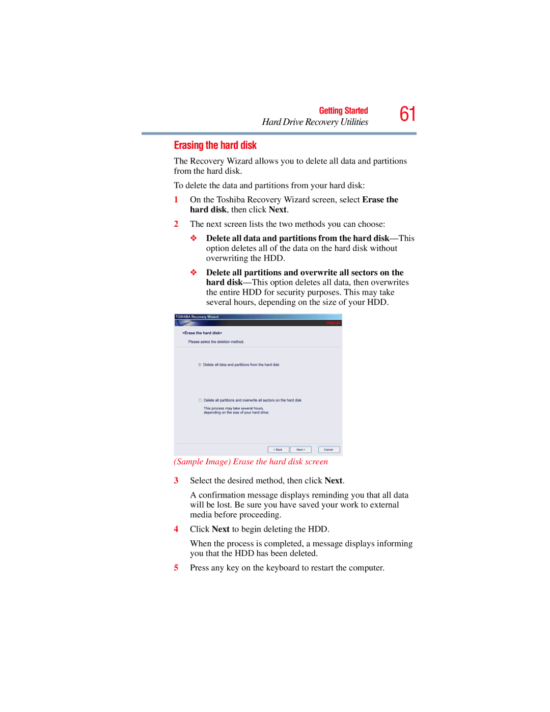 Toshiba A135, A130 manual Erasing the hard disk, Sample Image Erase the hard disk screen 