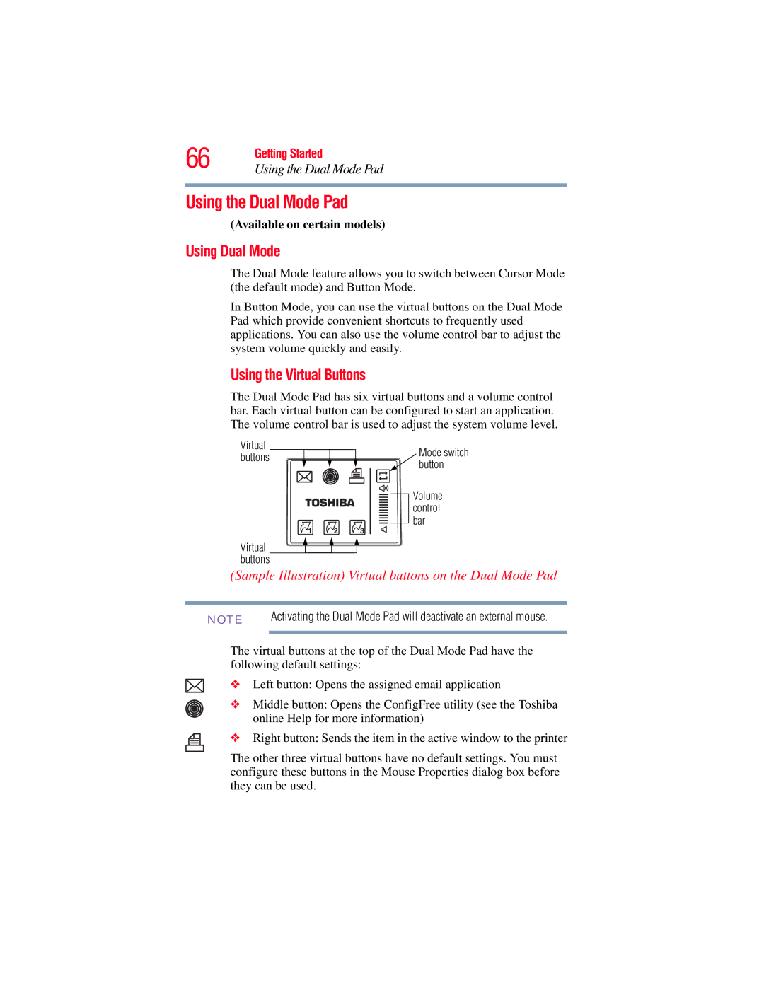 Toshiba A130, A135 manual Using the Dual Mode Pad, Using Dual Mode, Using the Virtual Buttons 