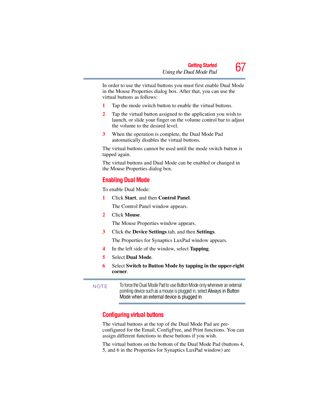 Toshiba A135, A130 manual Enabling Dual Mode, Configuring virtual buttons, Mode when an external device is plugged 