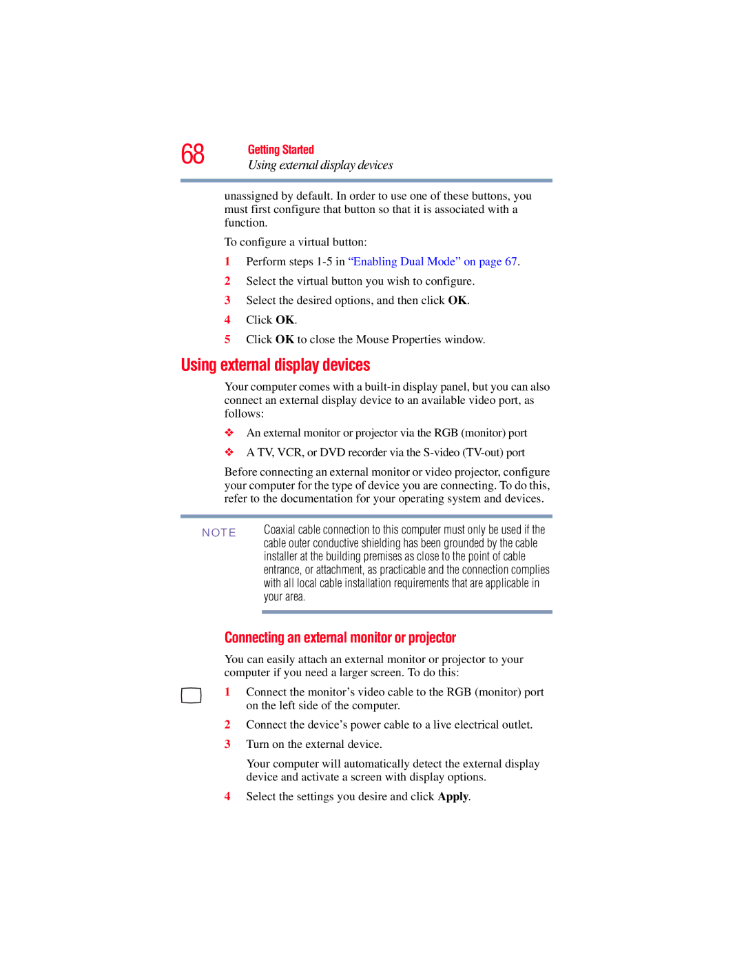 Toshiba A130, A135 manual Using external display devices, Connecting an external monitor or projector, Your area 