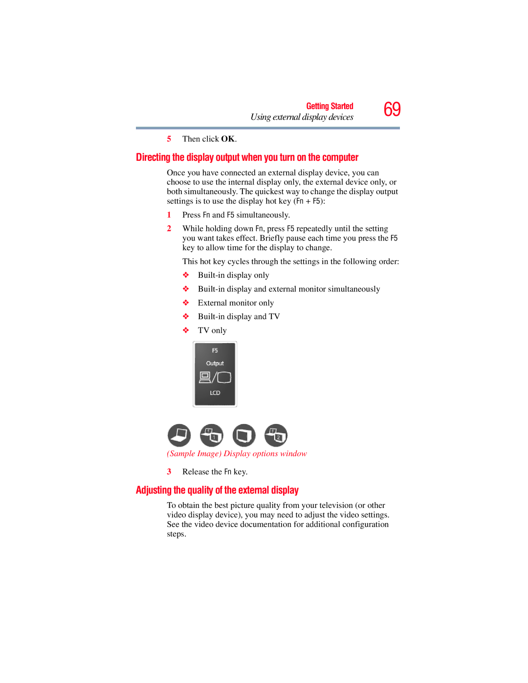 Toshiba A135 Directing the display output when you turn on the computer, Adjusting the quality of the external display 