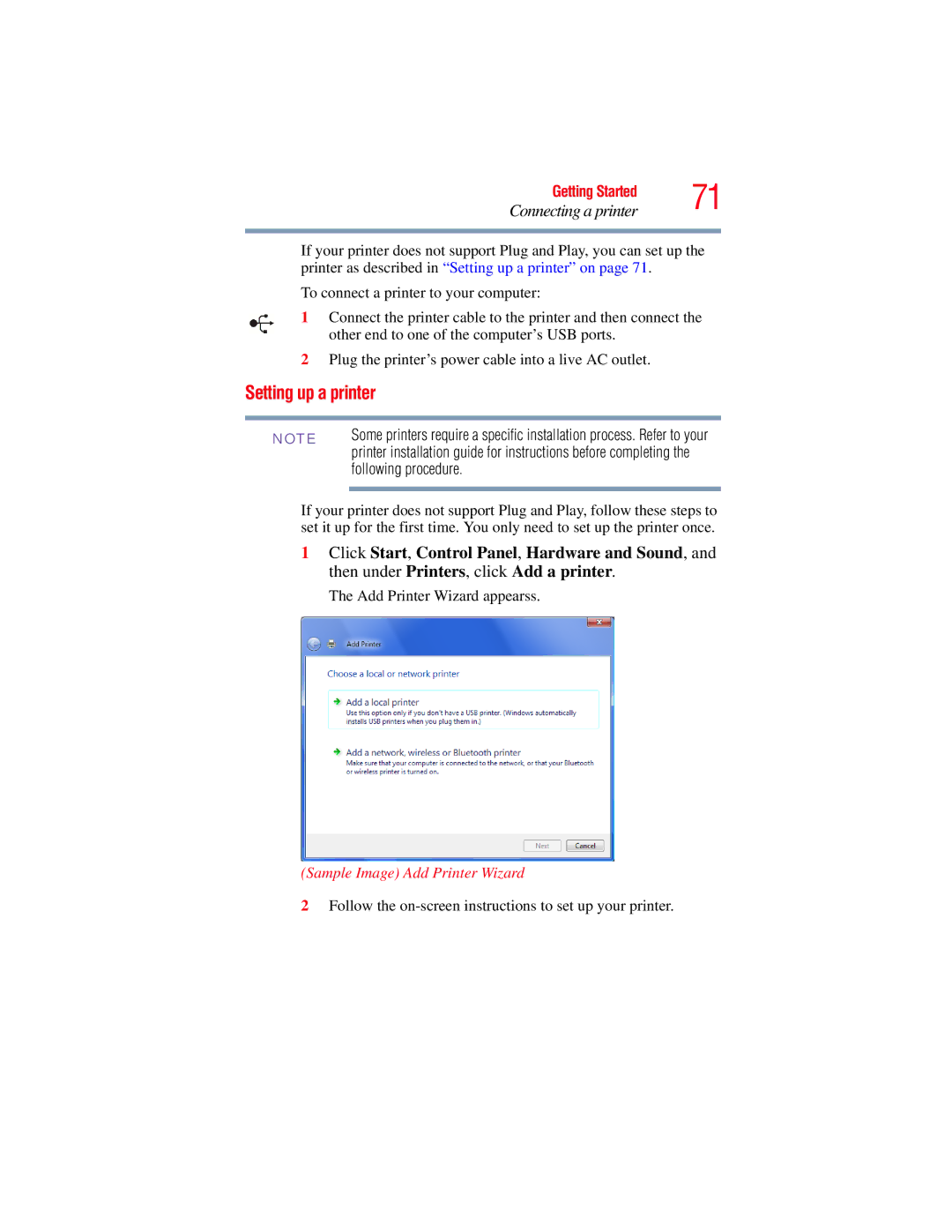 Toshiba A135, A130 manual Setting up a printer, Following procedure, Sample Image Add Printer Wizard 