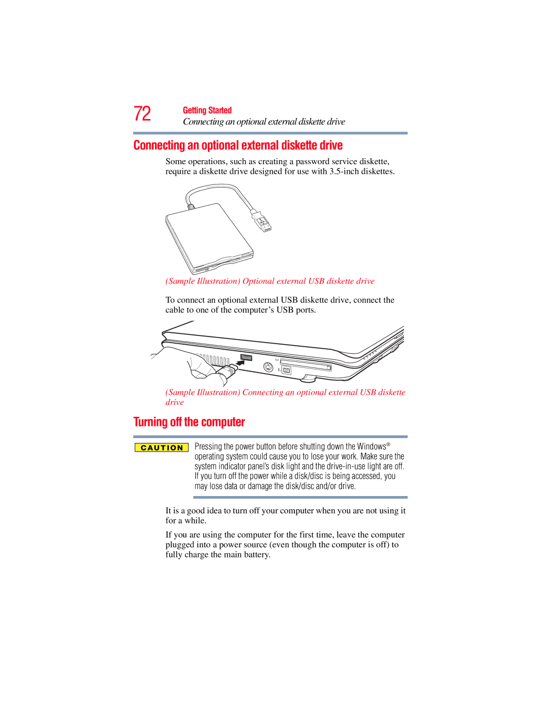 Toshiba A130, A135 manual Connecting an optional external diskette drive, Turning off the computer 