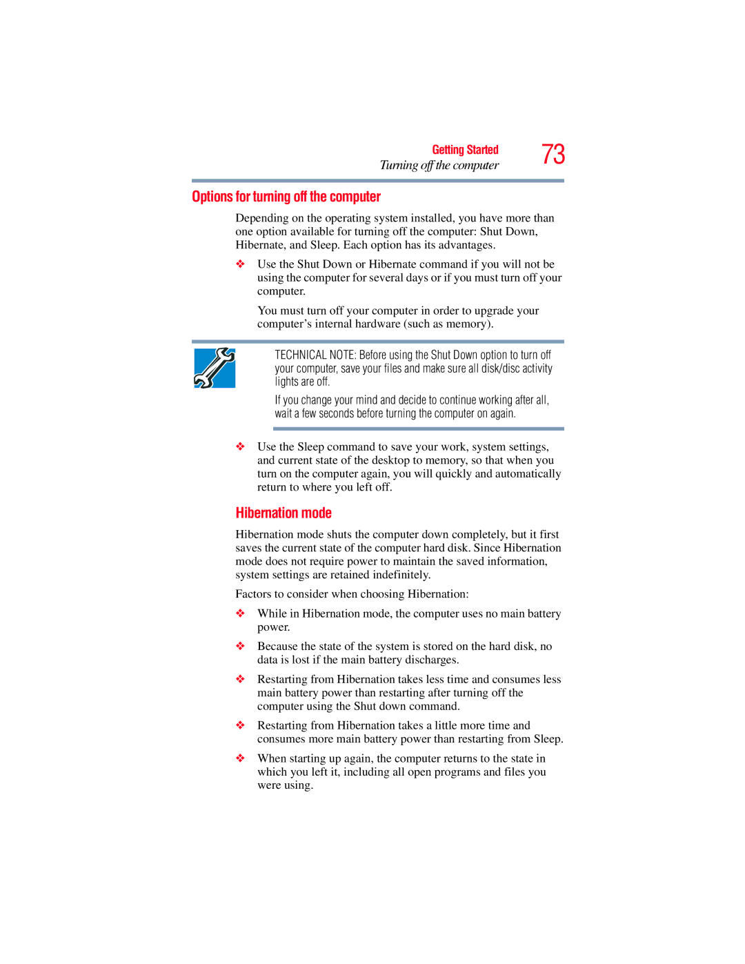 Toshiba A135, A130 manual Options for turning off the computer, Hibernation mode 