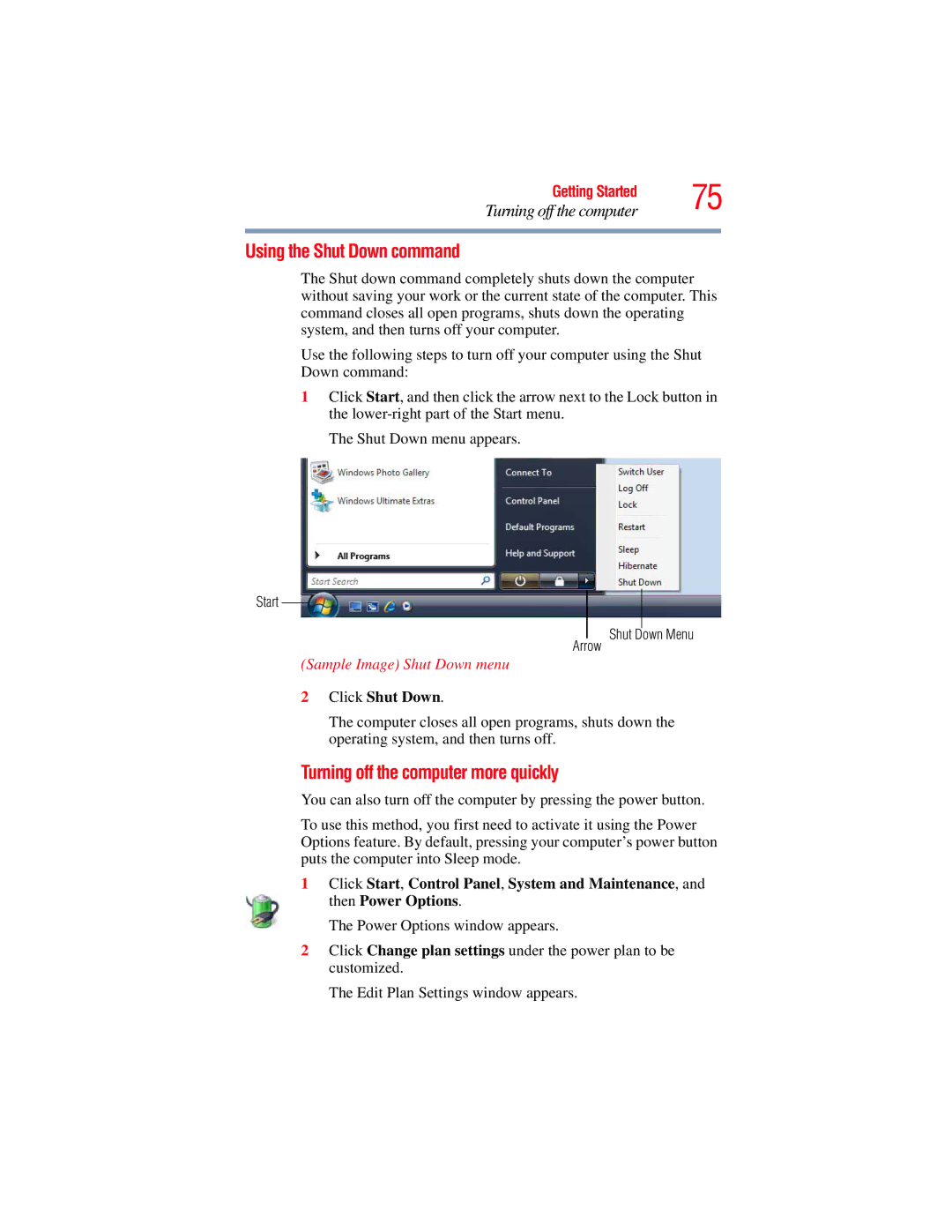 Toshiba A135, A130 manual Using the Shut Down command, Turning off the computer more quickly 