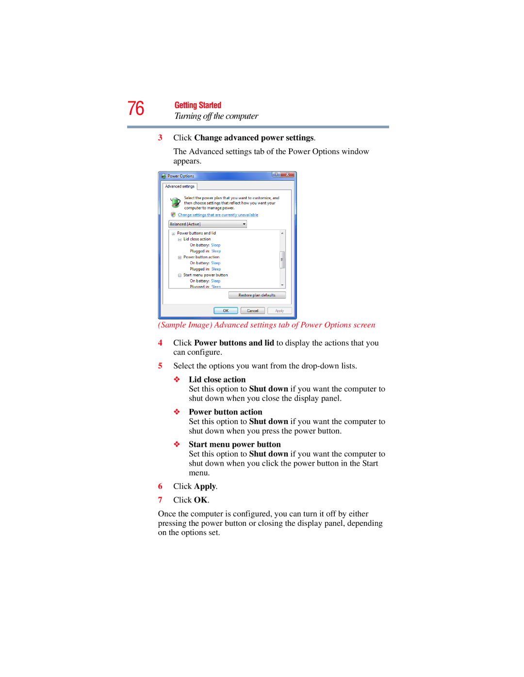 Toshiba A130, A135 manual Click Change advanced power settings, Sample Image Advanced settings tab of Power Options screen 