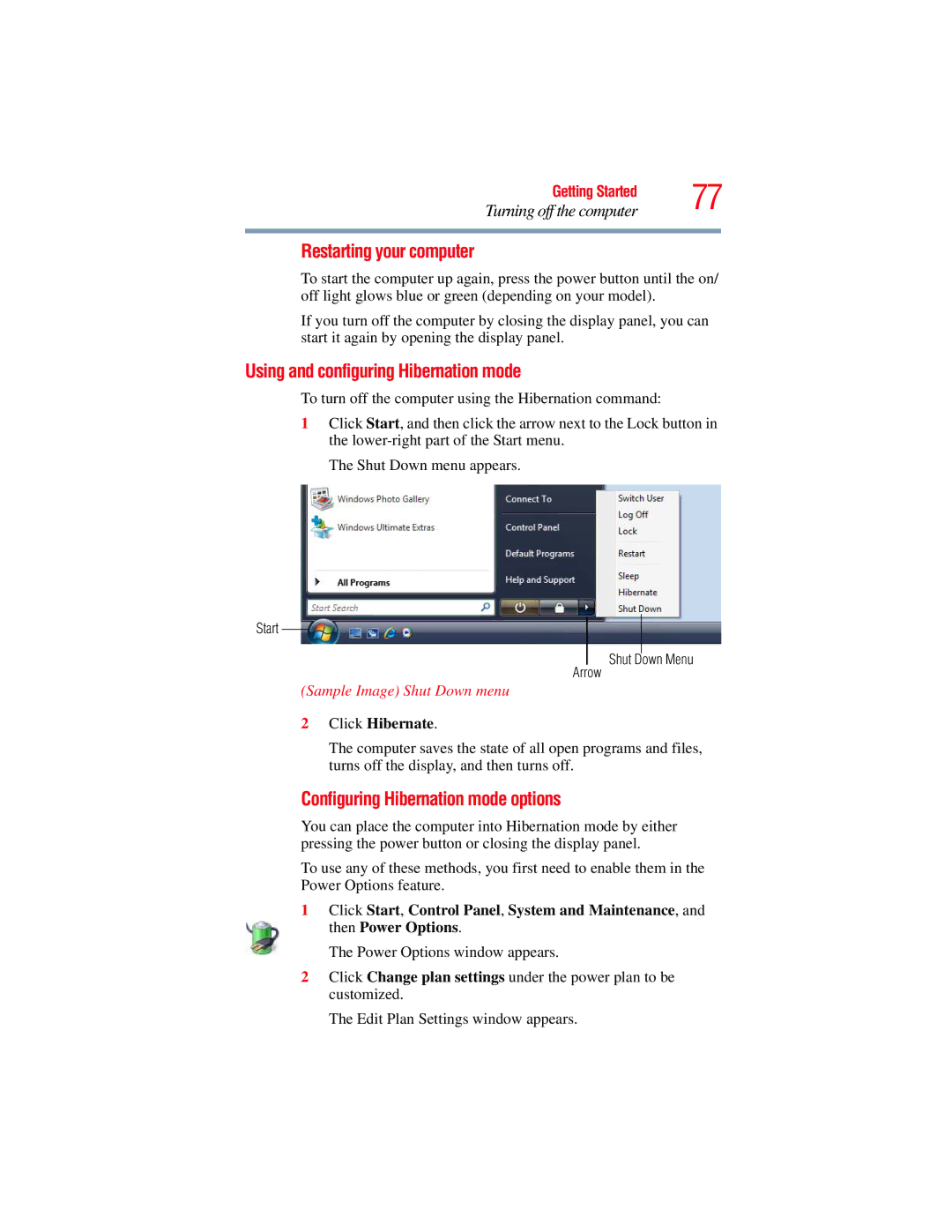 Toshiba A135, A130 Restarting your computer, Using and configuring Hibernation mode, Configuring Hibernation mode options 