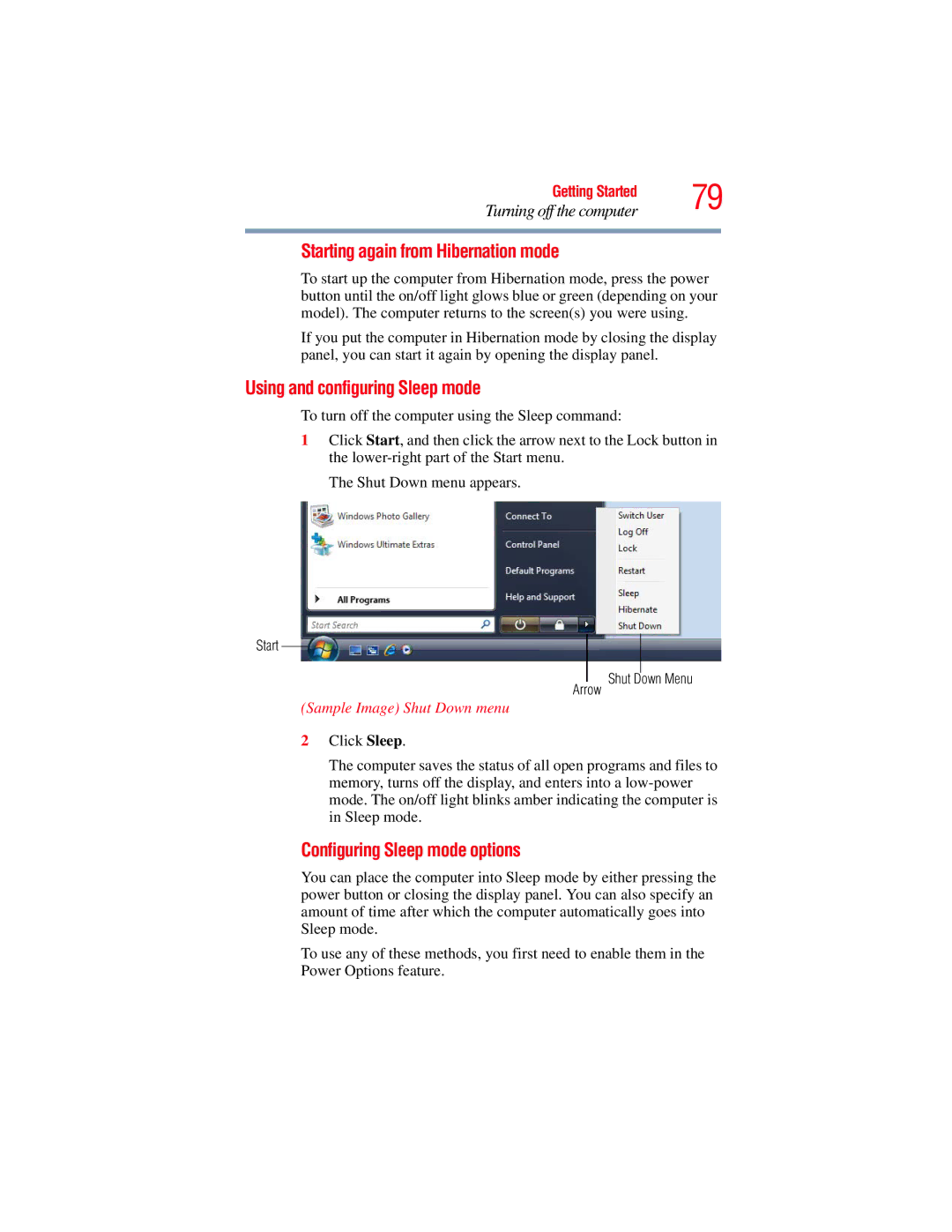 Toshiba A135, A130 Starting again from Hibernation mode, Using and configuring Sleep mode, Configuring Sleep mode options 