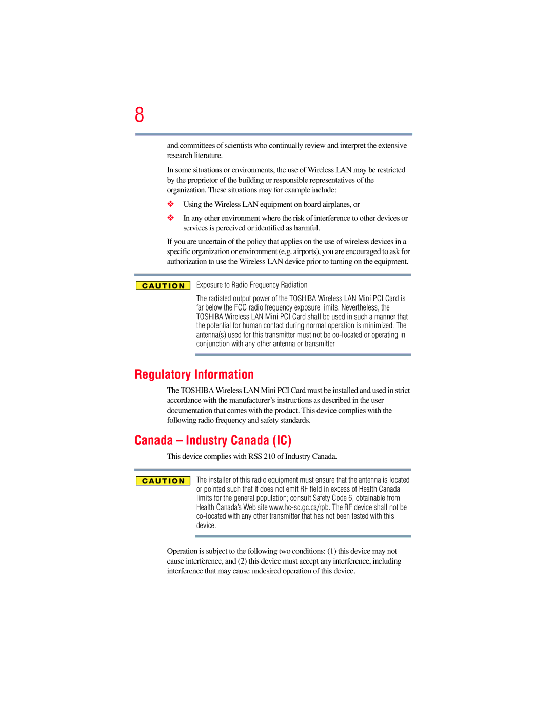 Toshiba A130, A135 manual Regulatory Information, Canada Industry Canada IC 