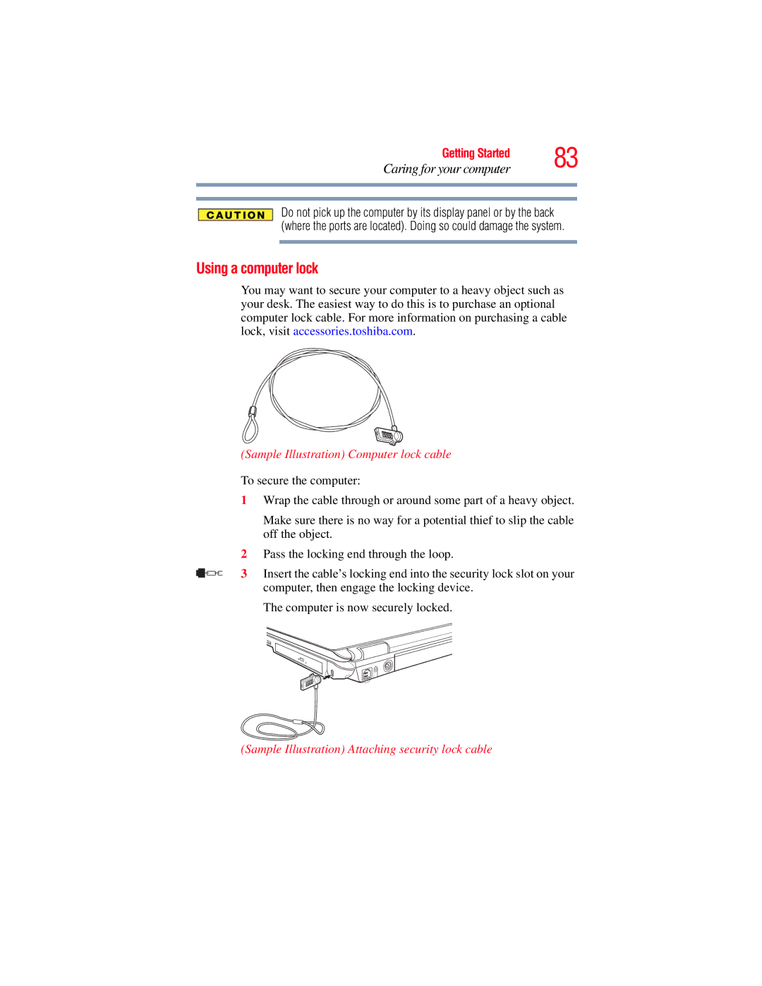 Toshiba A135, A130 manual Using a computer lock, Sample Illustration Computer lock cable 