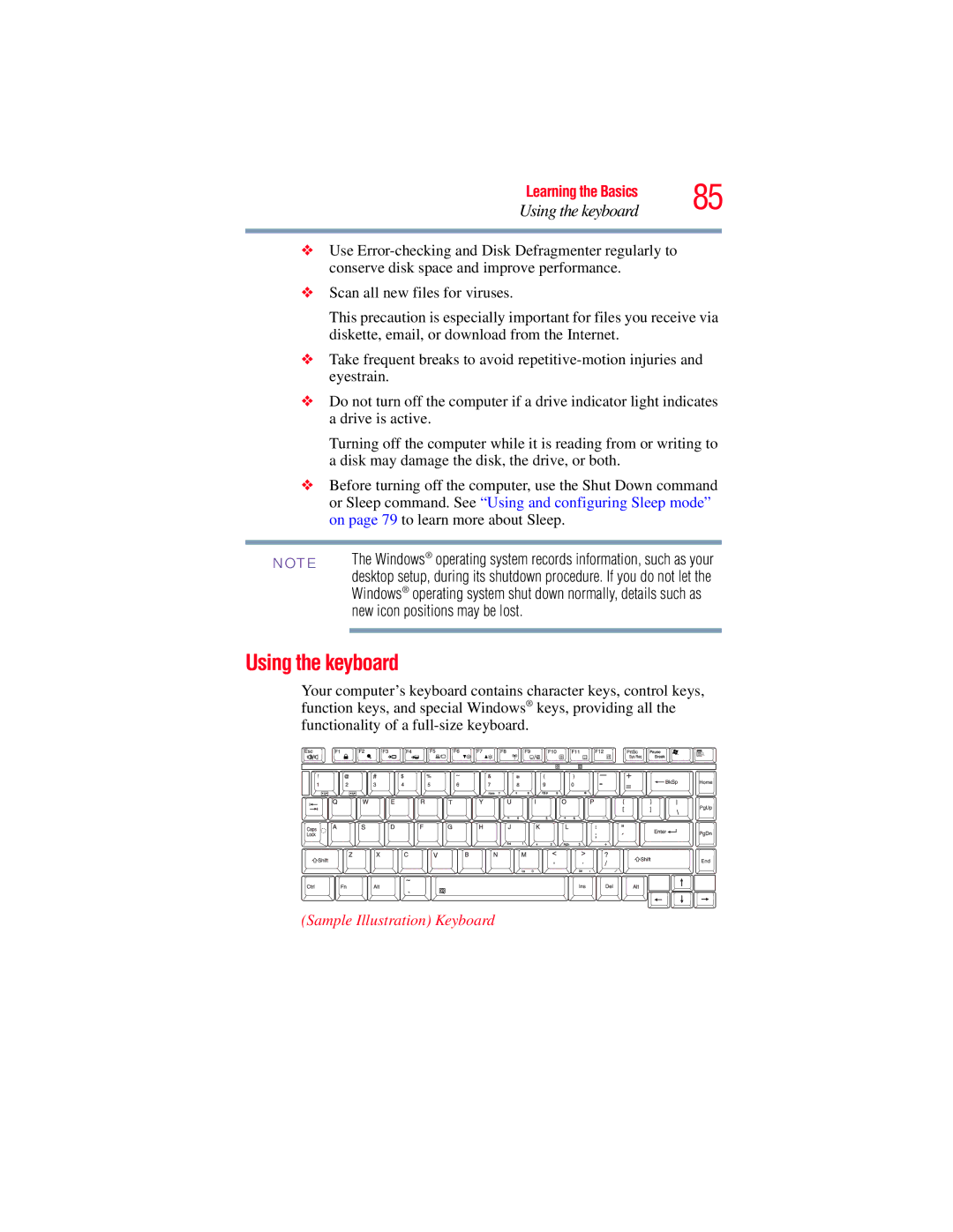 Toshiba A135, A130 manual Using the keyboard, New icon positions may be lost, Sample Illustration Keyboard 