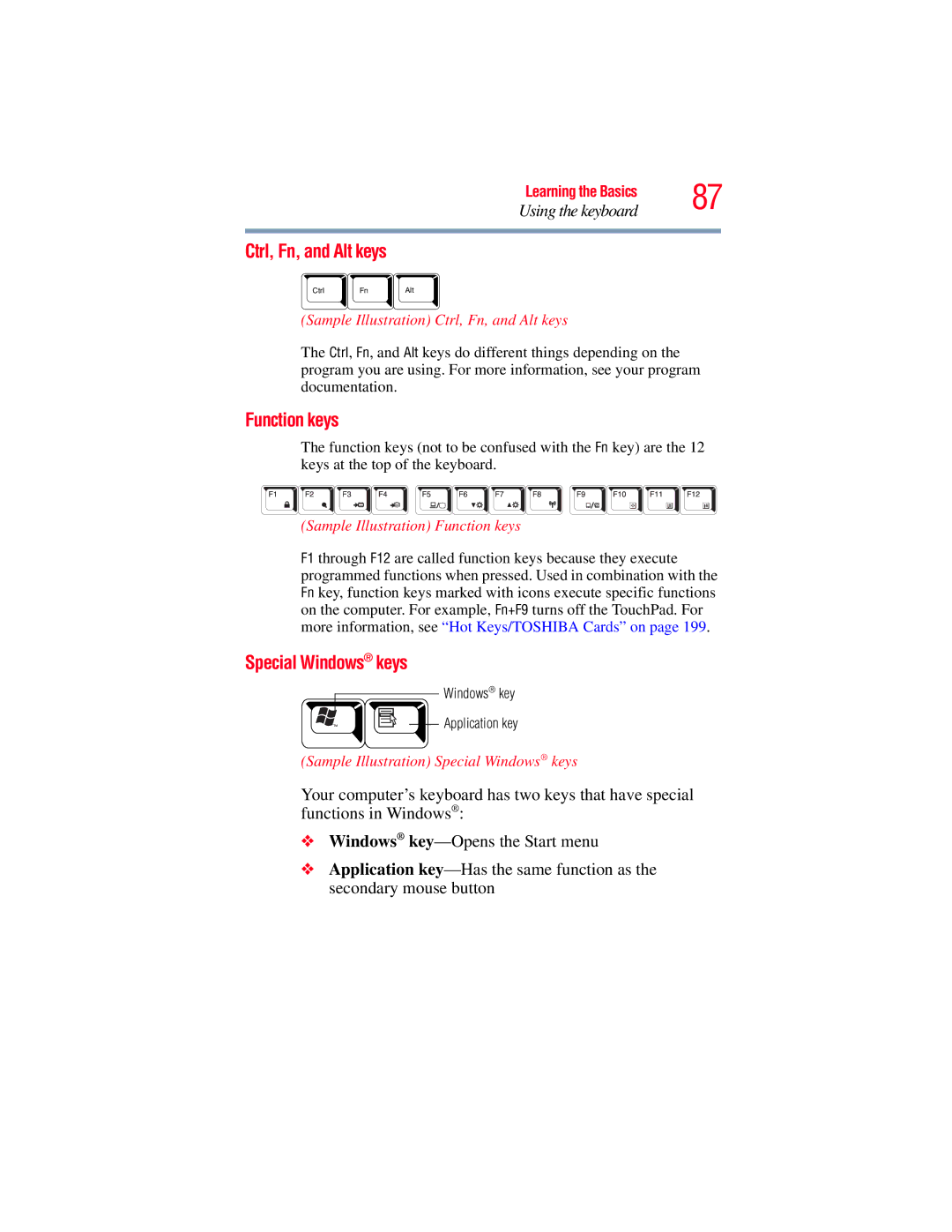 Toshiba A135, A130 manual Ctrl, Fn, and Alt keys, Function keys, Special Windows keys 