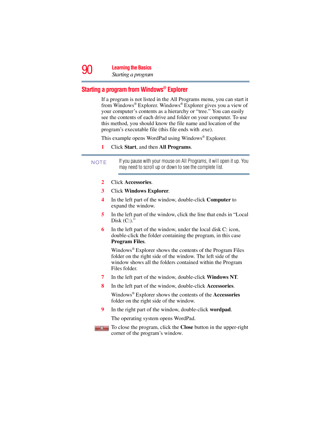 Toshiba A130, A135 manual Starting a program from Windows Explorer, Click Accessories Click Windows Explorer, Program Files 