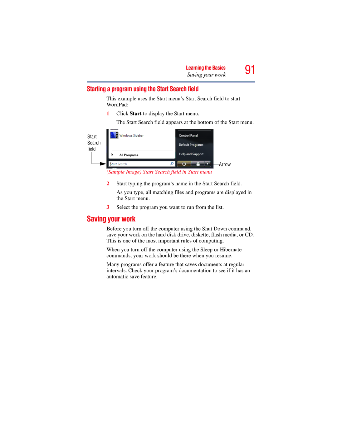 Toshiba A135, A130 manual Saving your work, Starting a program using the Start Search field 