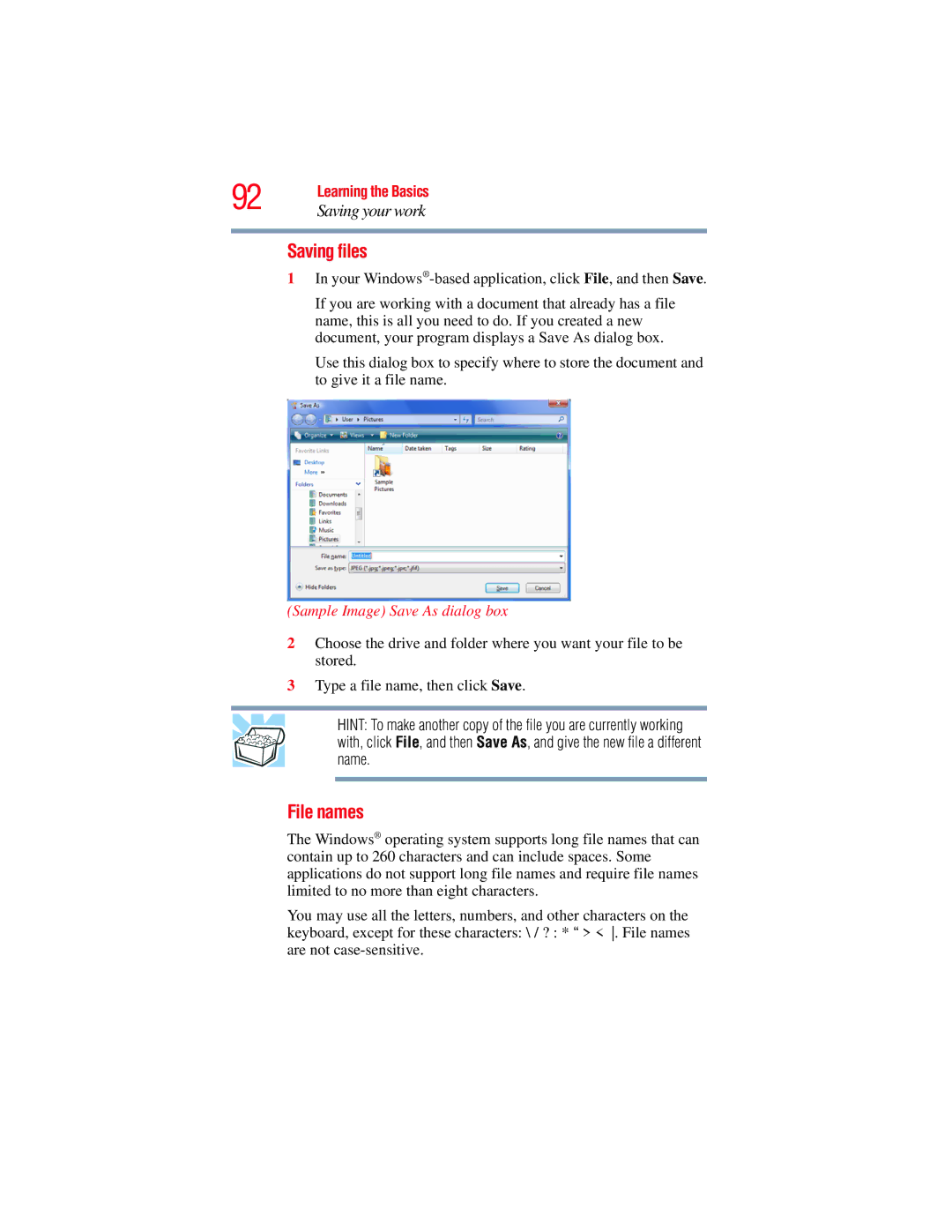 Toshiba A130, A135 manual Saving files, File names, Sample Image Save As dialog box 