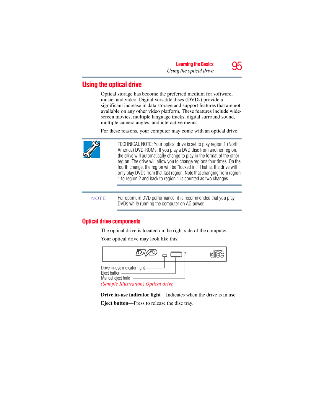 Toshiba A135, A130 manual Using the optical drive, Optical drive components, Sample Illustration Optical drive 