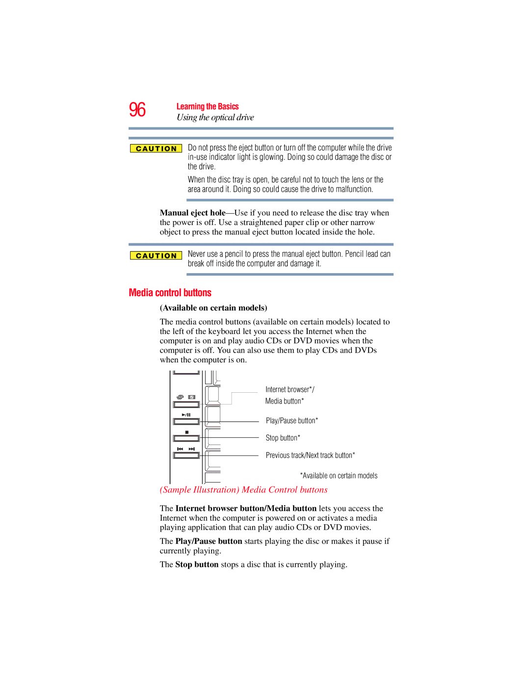 Toshiba A130, A135 manual Media control buttons, Using the optical drive 
