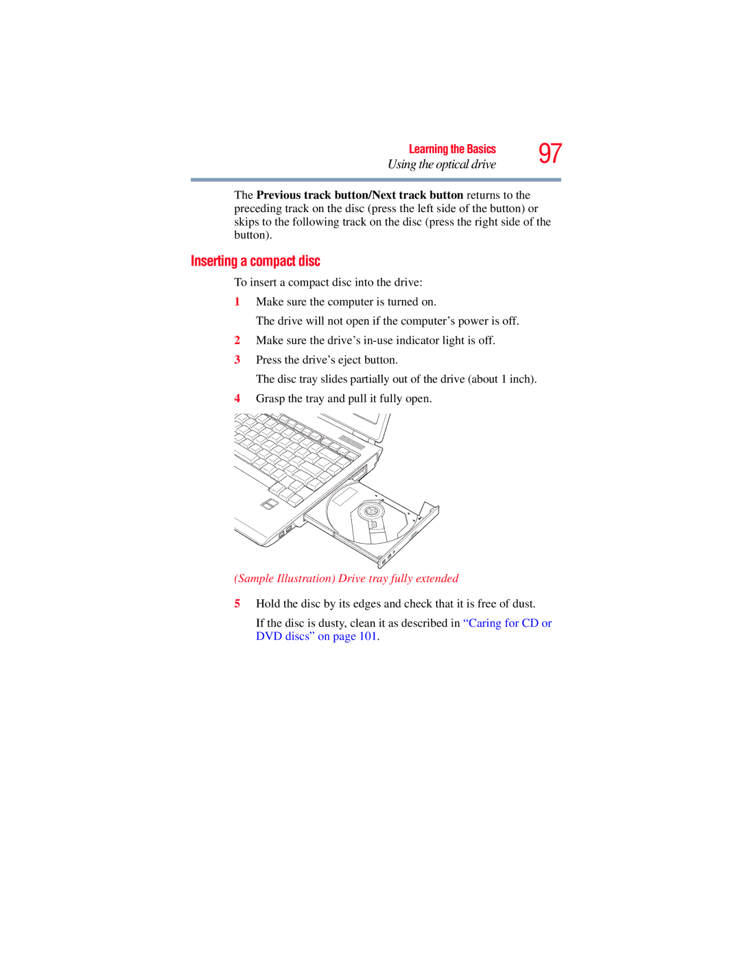 Toshiba A135, A130 manual Inserting a compact disc, Sample Illustration Drive tray fully extended 