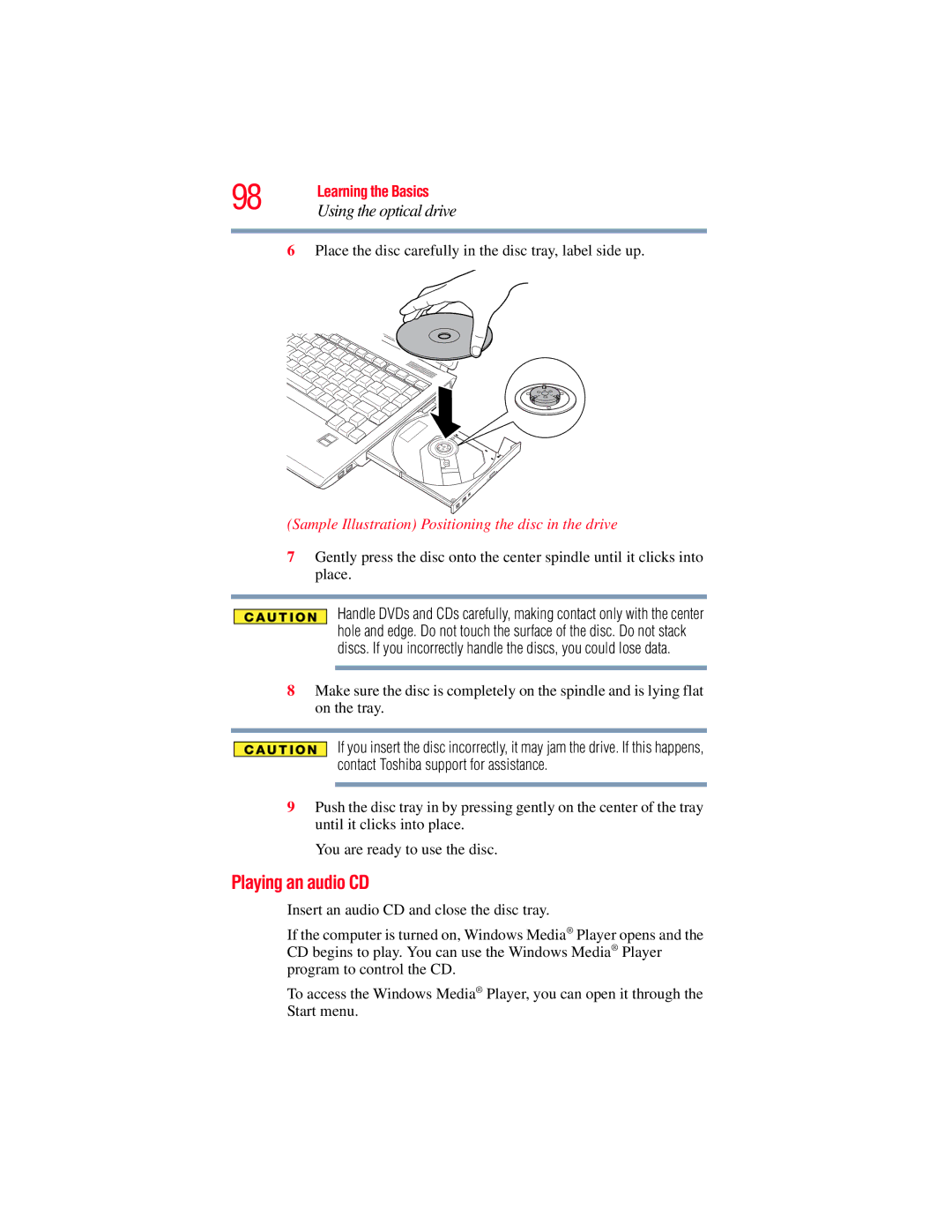 Toshiba A130, A135 manual Playing an audio CD, Sample Illustration Positioning the disc in the drive 