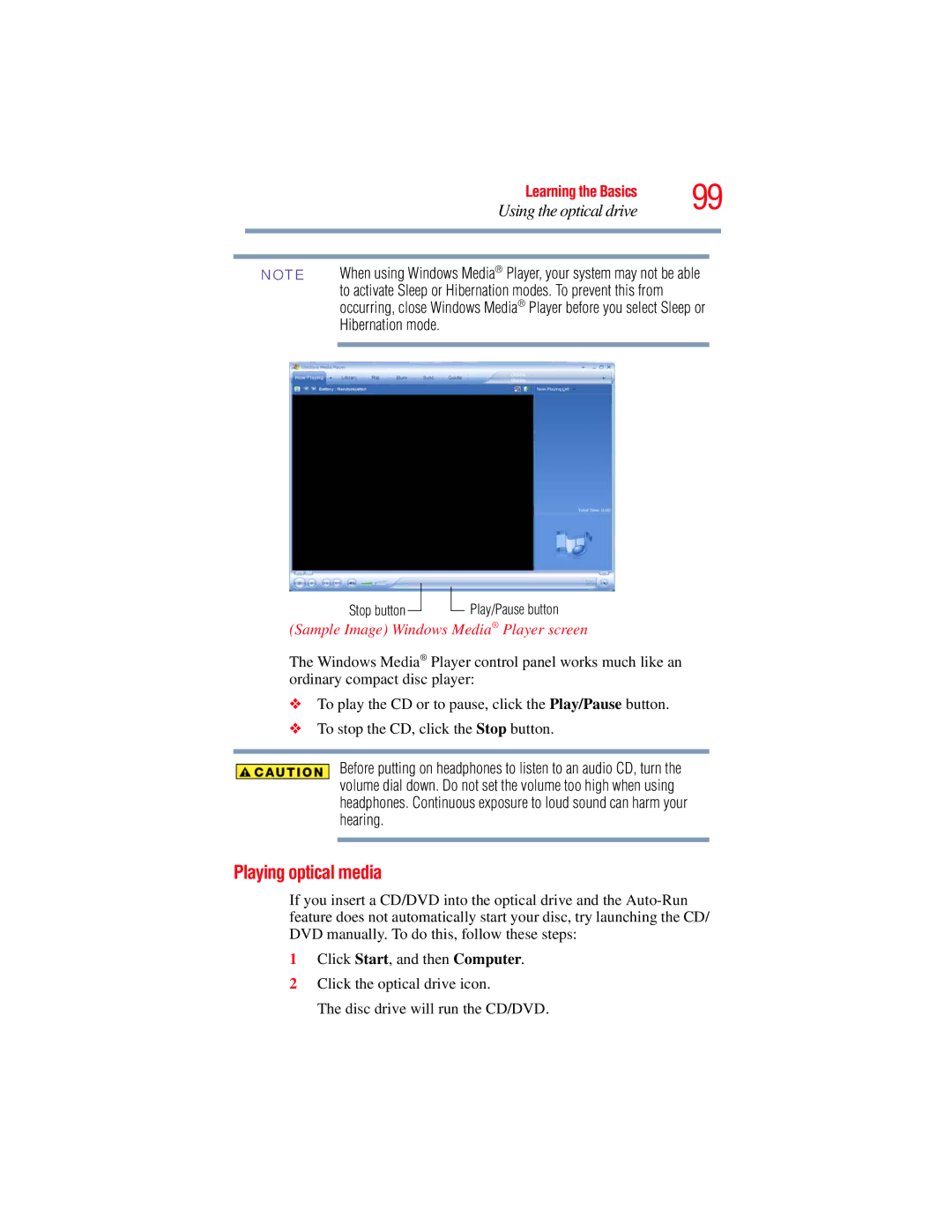 Toshiba A135, A130 manual Playing optical media, Sample Image Windows Media Player screen 