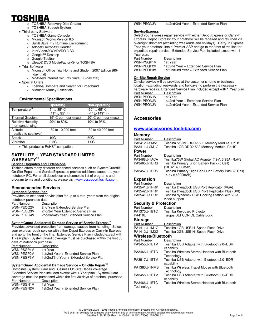 Toshiba A135-S2266 warranty Accessories, Environmental Specifications 