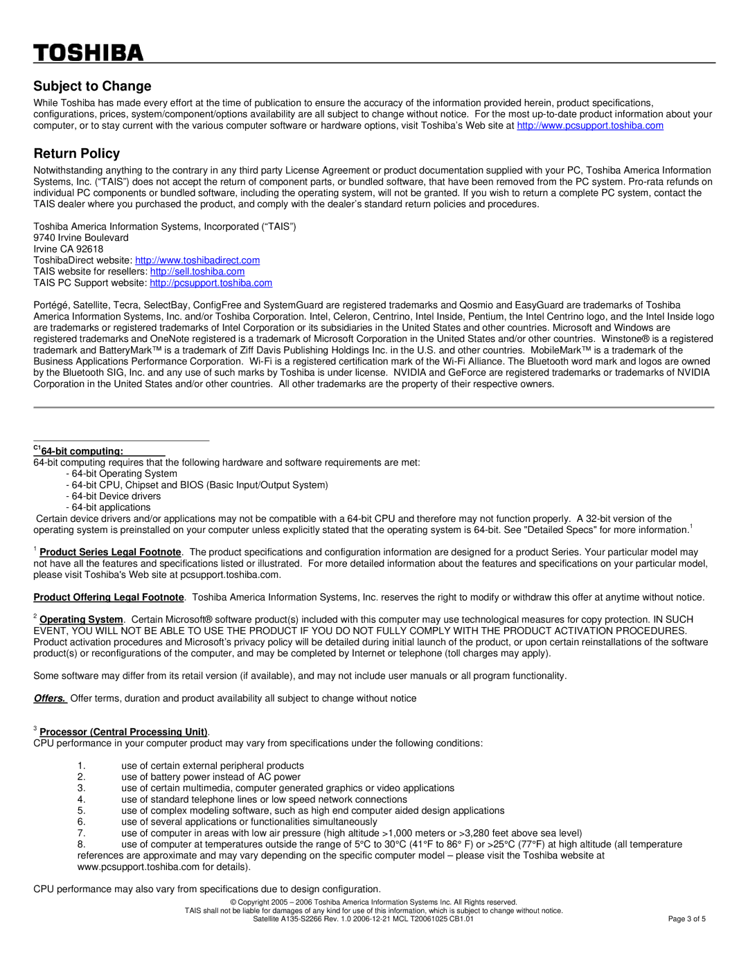 Toshiba A135-S2266 warranty Subject to Change Return Policy, C164-bit computing, Processor Central Processing Unit 