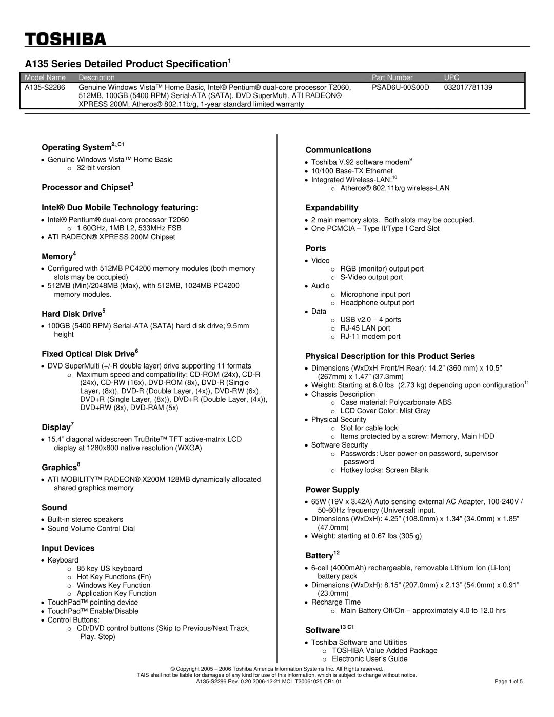 Toshiba A135-S2286 warranty A135 Series Detailed Product Specification1, Upc 