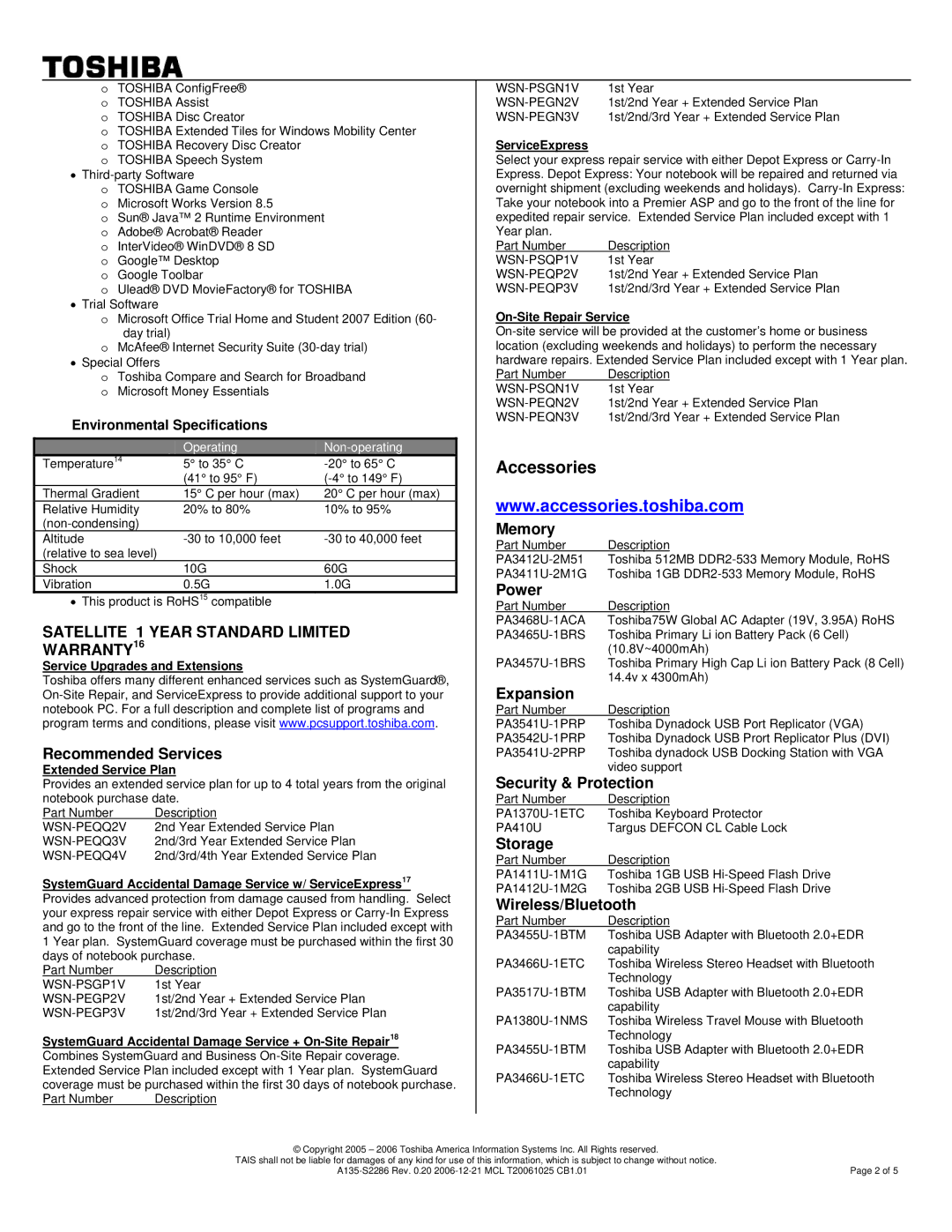 Toshiba A135-S2286 warranty Accessories, Service Upgrades and Extensions, Extended Service Plan, ServiceExpress 