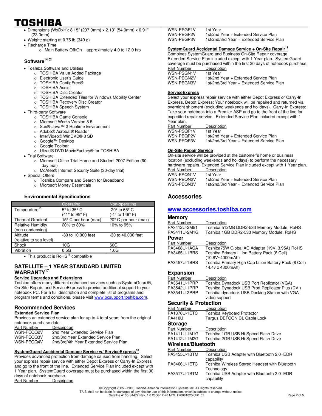 Toshiba A135-S4477 warranty Accessories, Software14 C1, Environmental Specifications 