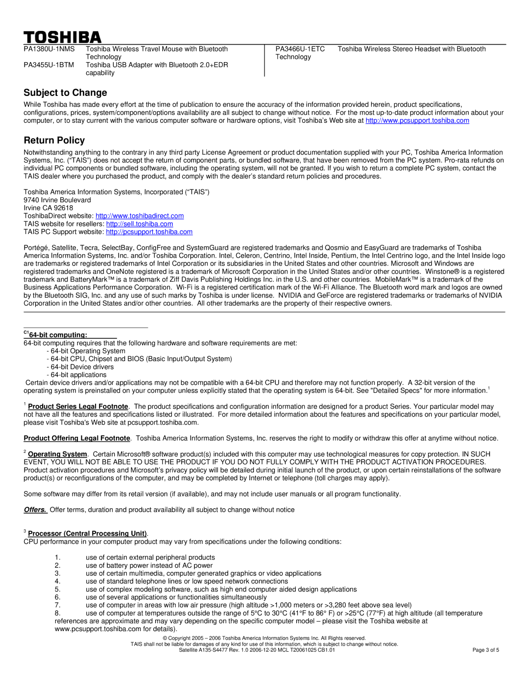 Toshiba A135-S4477 warranty Subject to Change Return Policy, C164-bit computing, Processor Central Processing Unit 