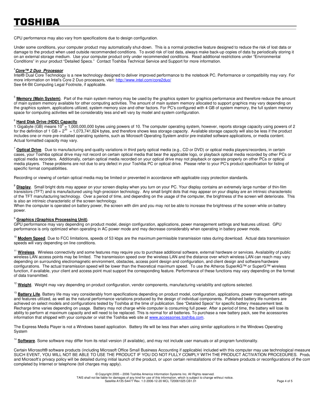 Toshiba A135-S4477 warranty Hard Disk Drive HDD Capacity, Graphics Graphics Processing Unit 