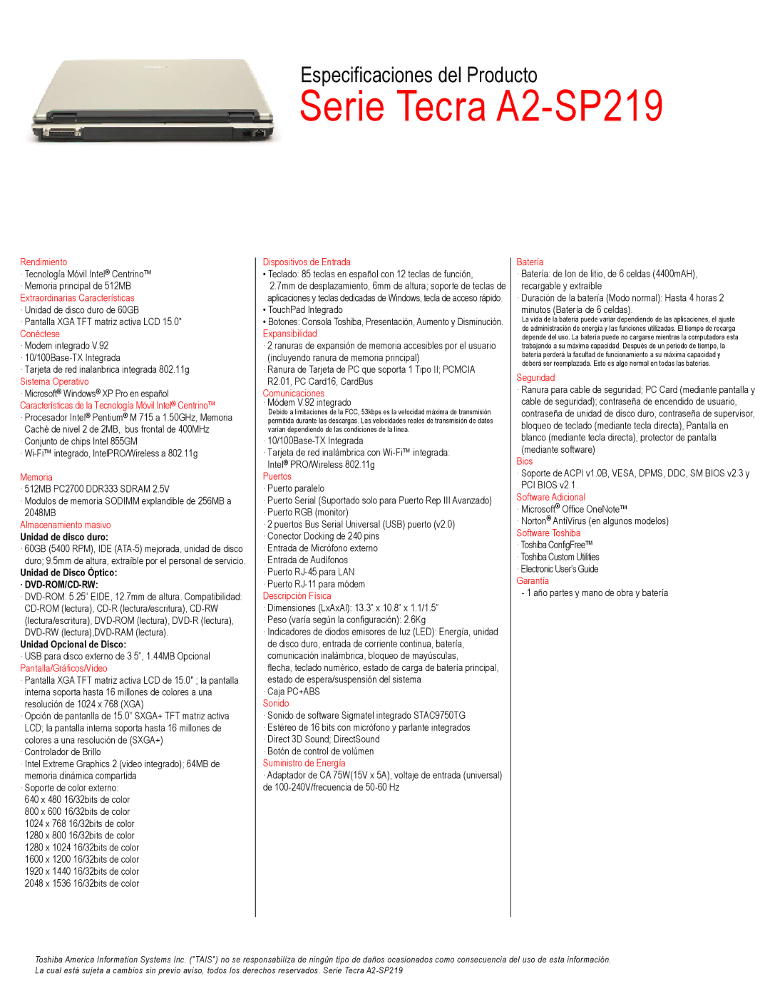 Toshiba A2-SP219 manual Unidad de disco duro, Unidad de Disco Óptico, Unidad Opcional de Disco 