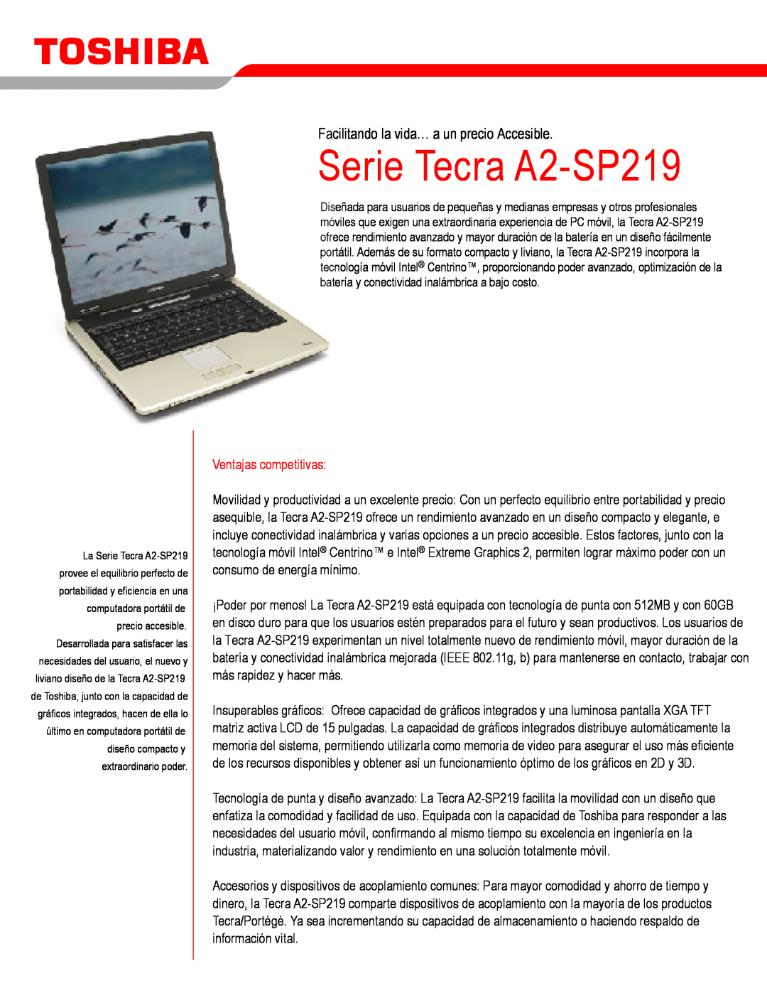 Toshiba manual Serie Tecra A2-SP219, Facilitando la vida… a un precio Accesible, Ventajas competitivas 