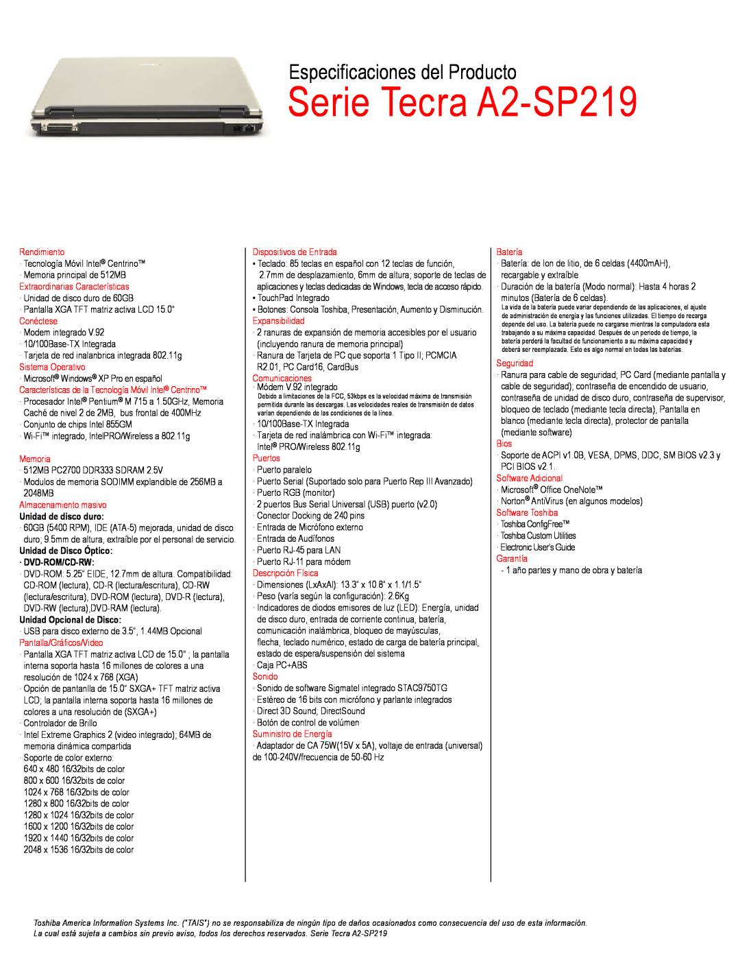 Toshiba manual Serie Tecra A2-SP219, Especificaciones del Producto, Unidad de disco duro, Unidad Opcional de Disco 