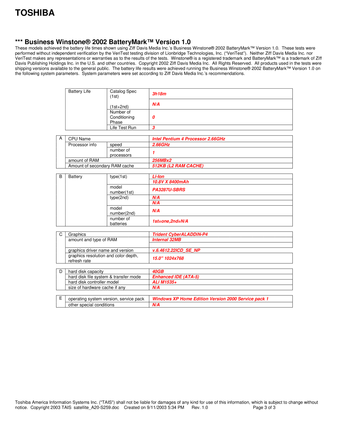 Toshiba A20-S2591 dimensions Business Winstone 2002 BatteryMark Version, PA3287U-SBRS 