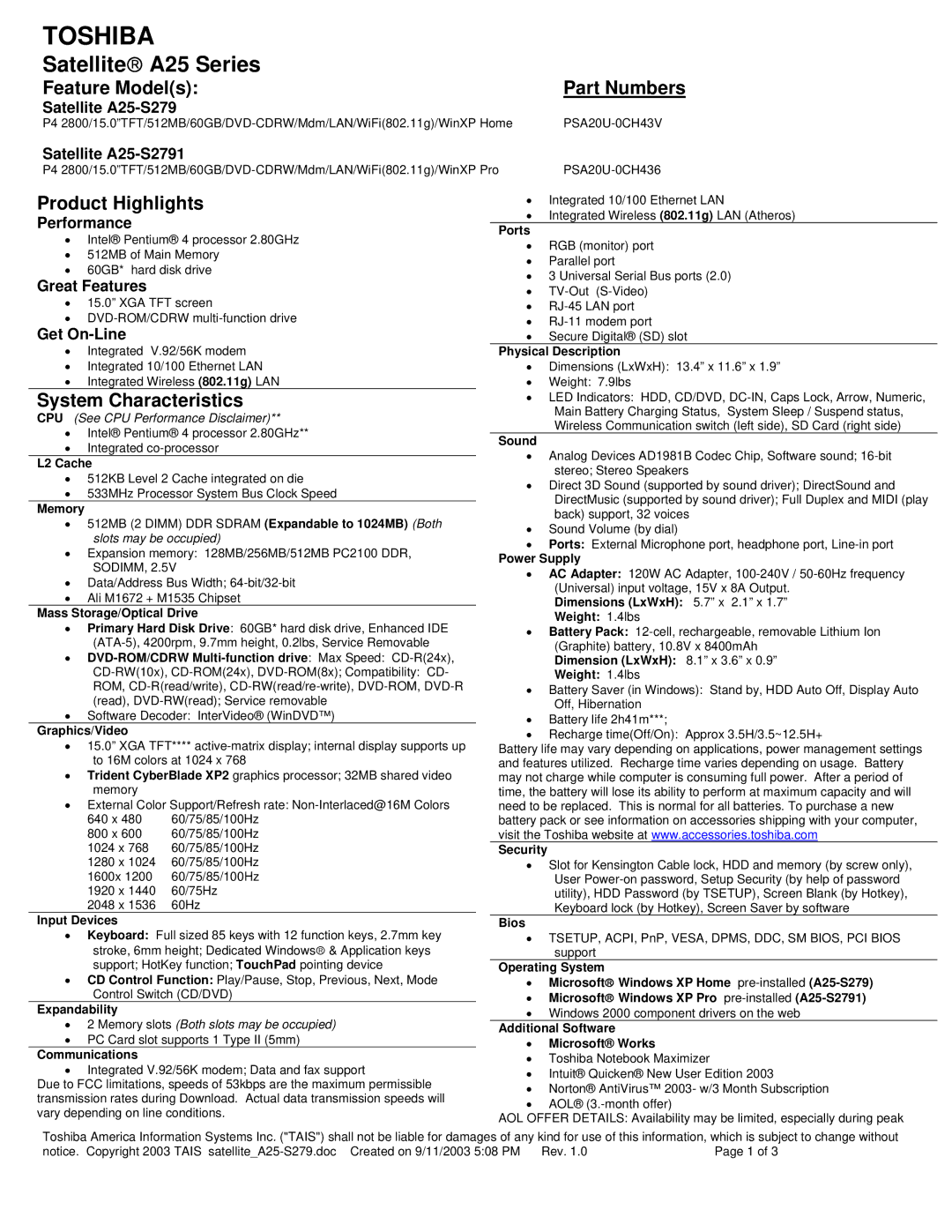 Toshiba A20-S2591 dimensions Satellite A25 Series, Additional Software Microsoft Works 