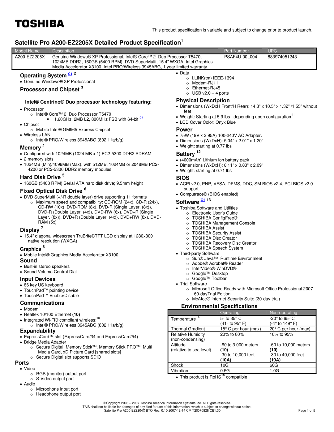 Toshiba A200-EZ2204X specifications Satellite Pro A200-EZ2205X Detailed Product Specification1, Bios 