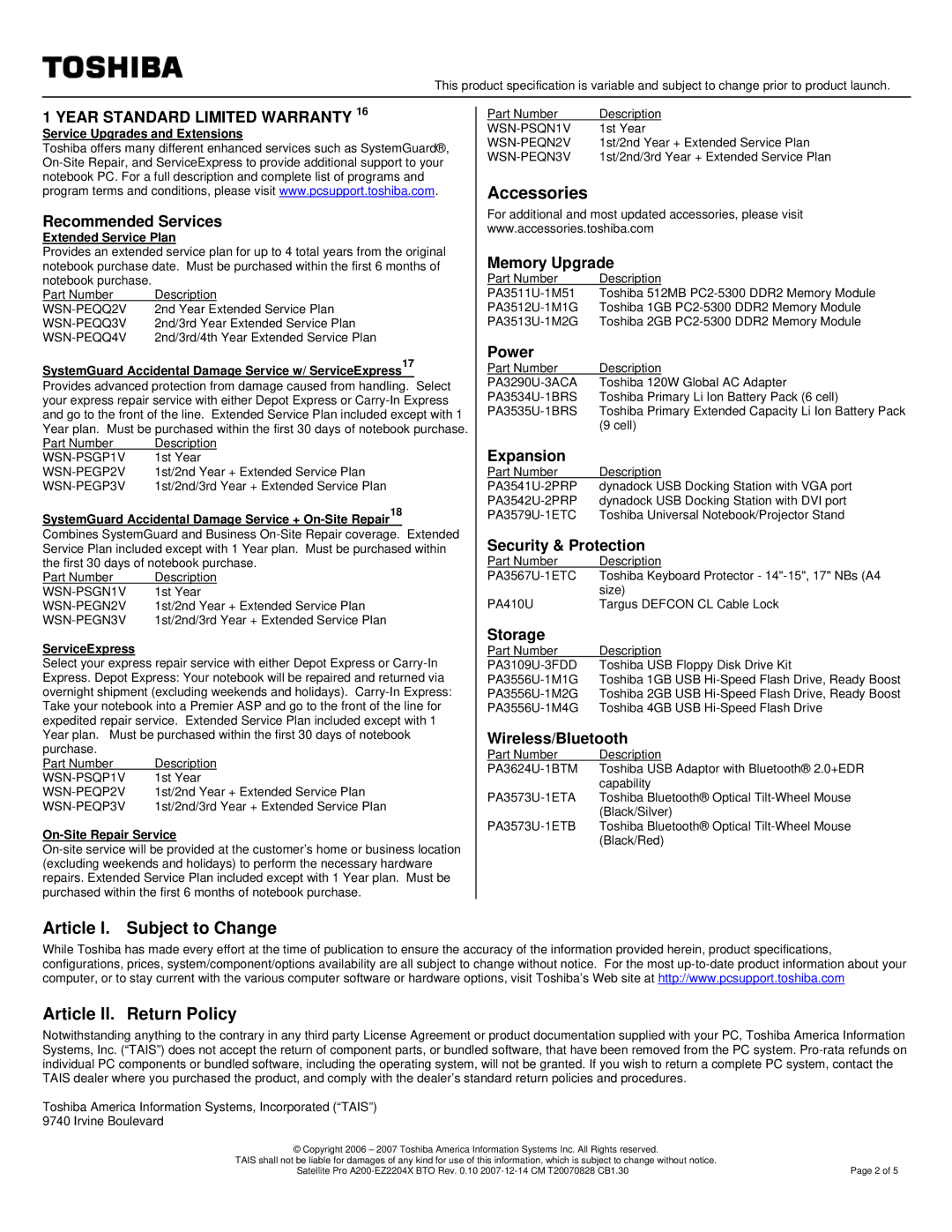 Toshiba A200-EZ2204X Accessories, Article I. Subject to Change Article II. Return Policy, Year Standard Limited Warranty 