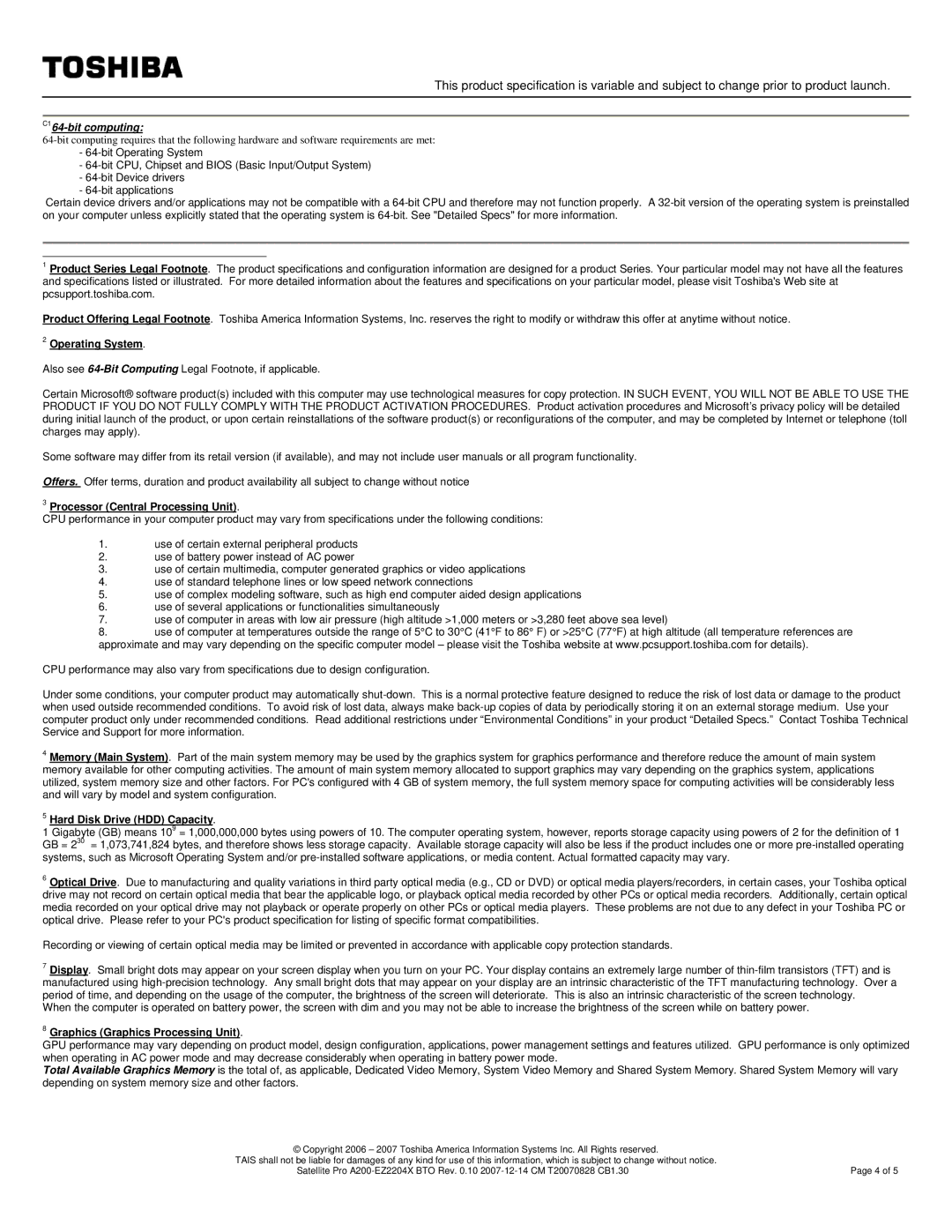 Toshiba A200-EZ2204X specifications C164-bit computing 