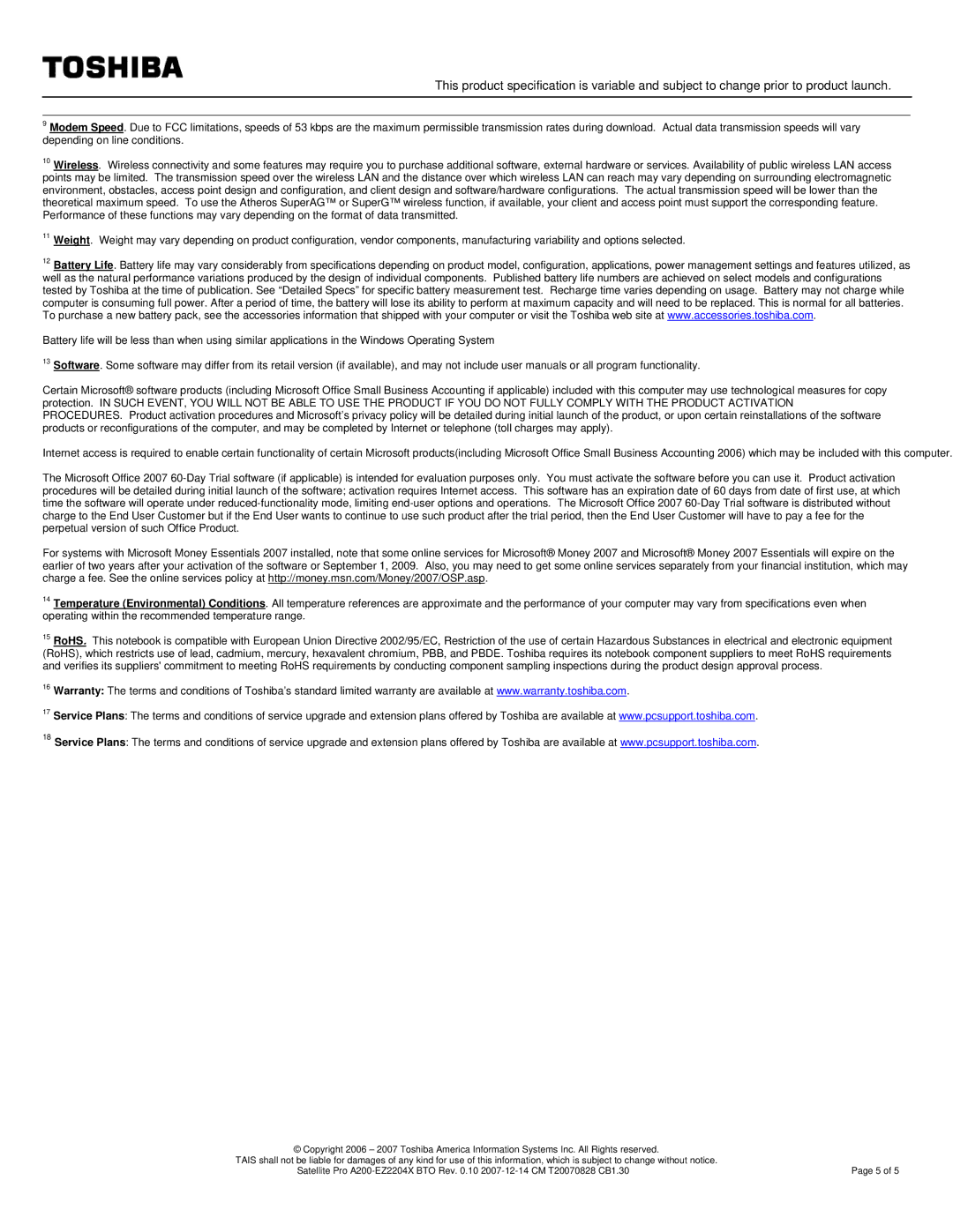 Toshiba A200-EZ2204X specifications 