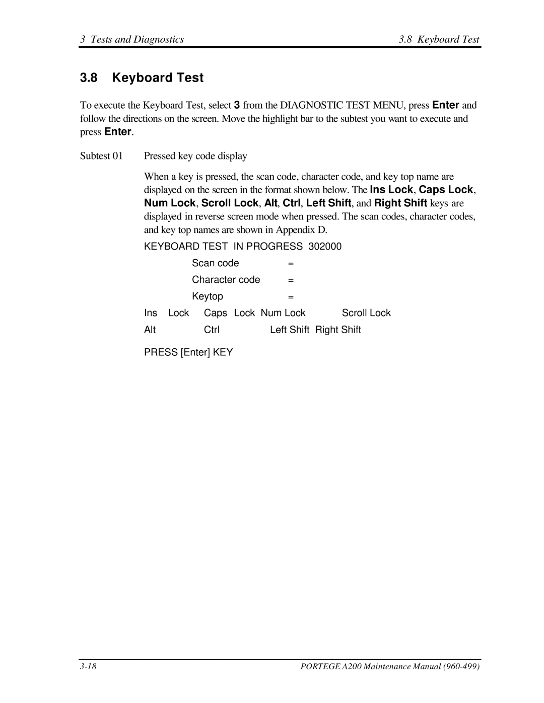 Toshiba A200 manual Tests and Diagnostics Keyboard Test 