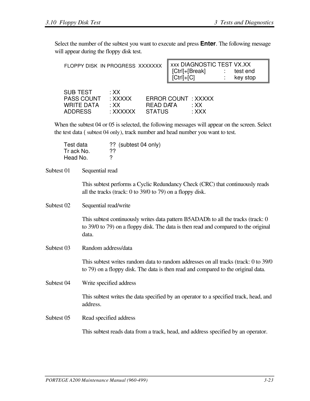 Toshiba A200 manual Floppy Disk Test Tests and Diagnostics 